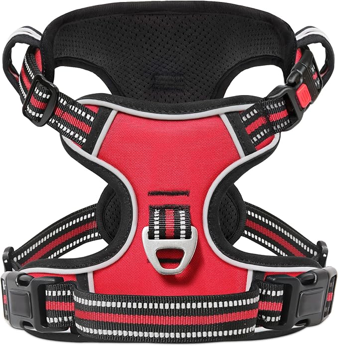 Timos Dog Harness Small Sized, No Pull Dog Harness with Neck Lockable Snap,No Choke Front Clip Dog Reflective Harness,Adjustable Metal Rings 3 Buckles,Easy Control Handle for Small Dogs Red XS Timos