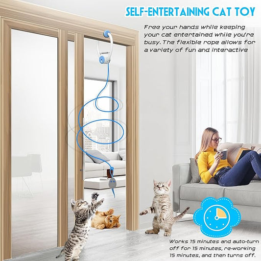 Cat Toy Interactive for Indoor Cats, Smart USB Rechargeable Door Hanging Automatic Retractable Kitten Toys, Teaser Electronic Self Play Feather Cat String Toy Attached with 3 Catnip Mice White - PAWPICO