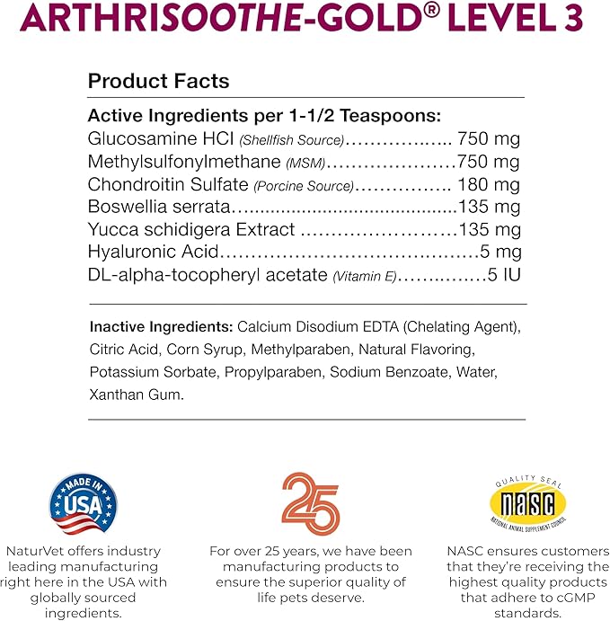 NaturVet – ArthriSoothe-Gold Advanced Care Liquid | Level 3 Advanced Joint Care | Supports Healthy Hip & Joint Function | Enhanced with Glucosamine, MSM & Chondroitin | For Dogs & Cats | 16 oz Liquid NaturVet