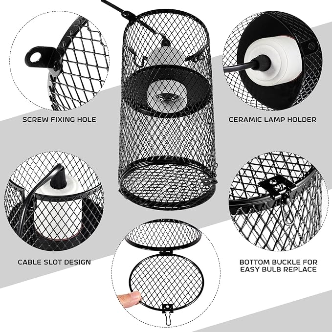 VIHOSE 4 Pcs Reptile Heat Lamp Guard with 150W Ceramic Heat Emitter Basking Anti Scald Heating Lamp Holder Mesh Cage Reptile Protection Lampshades for Reptile Lizard Snake Chick, Bulb Not Included VIHOSE