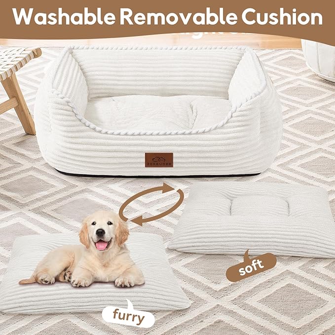 Rectangle Dog Bed for Large Medium Pets Indoor Outdoor with Removable Mat,Machine Washable Sleeping Sofa Non-Slip Bottom Soft Puppy Bed Durable Orthopedic Calming Pet Cuddler(Medium, Cream) - PAWPICO