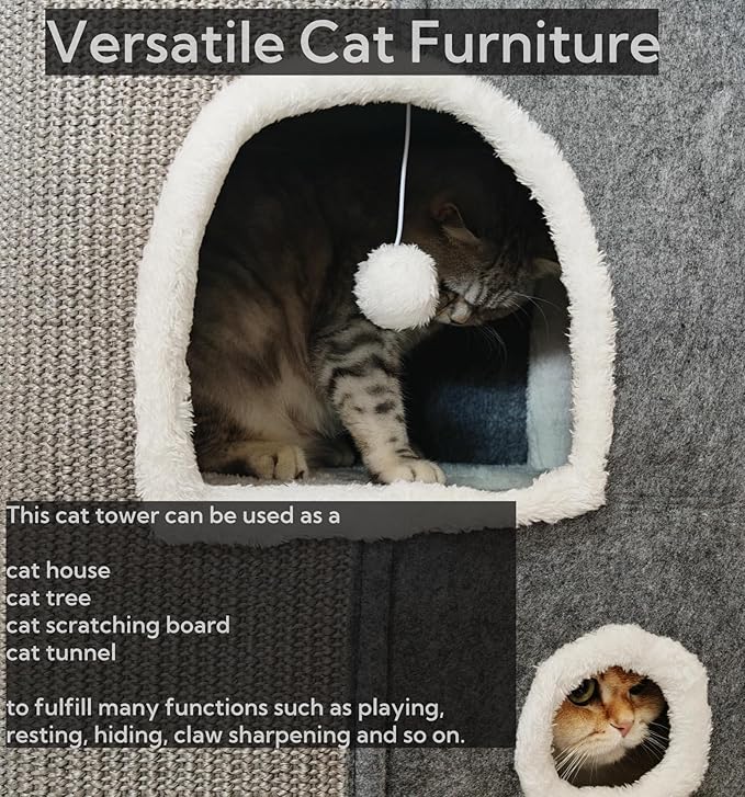 3-Level Cat House for Indoor Cats, Large Adult Cat Cave Bed Cats Cube House with Scratch Pad Cat Towers, Cute Kitten Condo Hideaway Hut with Soft Pillow Mat for Multi Pets Under 50 lbs - PAWPICO