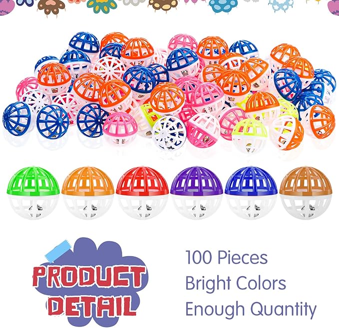 Hungdao 100 Pieces Cat Toys Balls with Bells Plastic Lattice Jingle Balls for Kitten 1.5 Inch Slotted Balls Small Cat Ball Bulk for Indoor Kitten Chase Pounce Rattle Play Toys, Assorted Color - PAWPICO