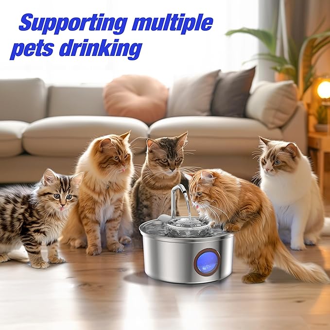 Cat Water Fountain,108oz/3.2L Stainless Steel Cat Fountain and Removable Water Bowl,Pet Fountain with Water Level Window,Quiet Pump,Multi-Filter, Water Tap, Provides Flowing,for Dog Cats - PAWPICO