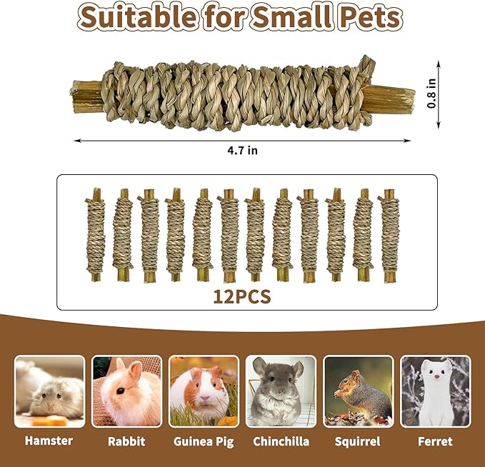 Fhiny 12 PCS Rabbit Chew Sticks, Natural Papaya Wood Seagrass Guinea Pig Chew Toys for Teeth Small Animal Molar Sticks Snacks for Bunny Guinea Pig Chinchilla Ferret Hamster Gerbil Dental Care Fhiny