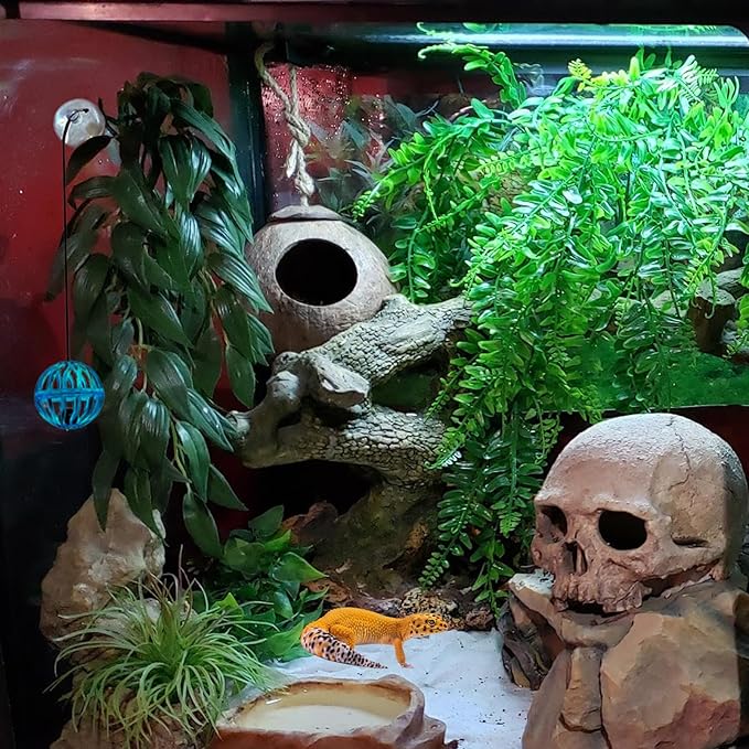 Crested Gecko Tank Accessories, Reptile Hammock and Vines Plants, Coco Hut Coconut Shell with Ladder Hideout Cave Habitat Decor for Lizard Leopard Gecko Tortoise Amphibians Hermit Crab BUYNOW