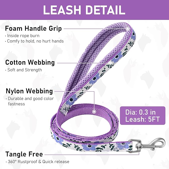 GAMUDA Small Dog Harness Collar and Leash Set, Step in No Chock No Pull Soft Mesh Adjustable Dog Vest Harnesses Plaid Reflective for Dogs Puppy Cats Kitten Rabbit (Purple Flower, XXS) GAMUDACollarsCollection