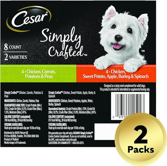 CESAR SIMPLY CRAFTED Adult Soft Wet Dog Food Meal Topper Variety Pack, Chicken, Carrot, Potato & Peas and Chicken, Sweet Potato, Apple, Barley & Spinach, 8 Count(Pack of 2) - PAWPICO