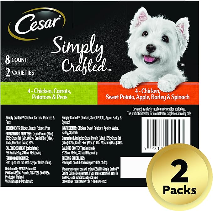 CESAR SIMPLY CRAFTED Adult Soft Wet Dog Food Meal Topper Variety Pack, Chicken, Carrot, Potato & Peas and Chicken, Sweet Potato, Apple, Barley & Spinach, 8 Count(Pack of 2) - PAWPICO