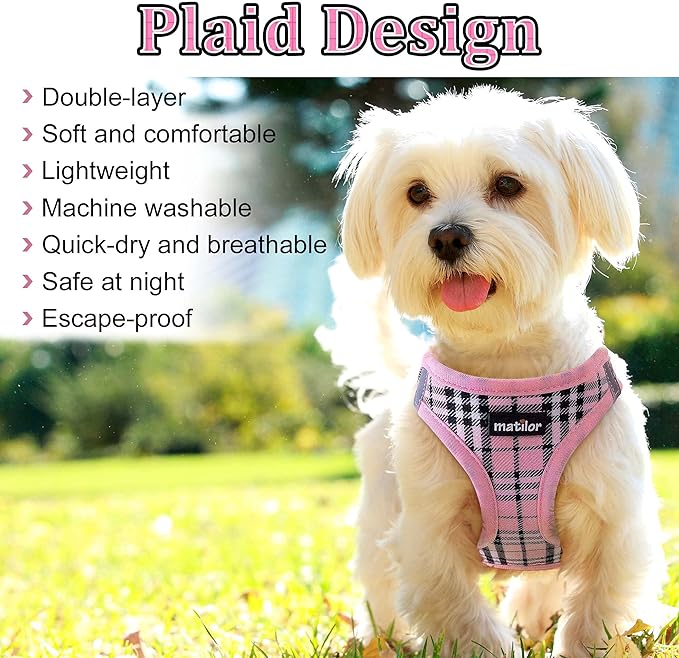 Dog Harness Step-in Breathable Puppy Cat Dog Vest Harnesses for Small Medium Dogs Pink Plaid - PAWPICO