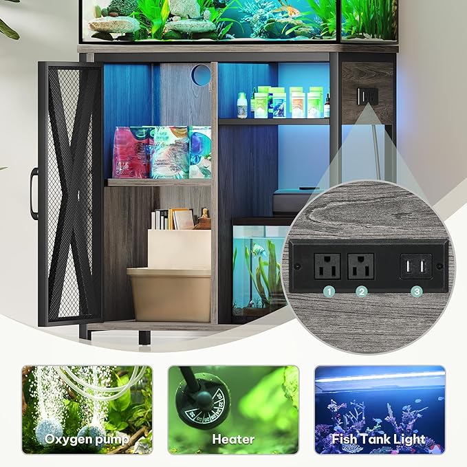 YITAHOME Fish Tank Stand with Power Outlets & LED Light, 20-29 Gallon Metal Aquarium Stand with Cabinet for Fish Tank Accessories Storage for Turtle Tank, Reptile Terrarium, 350LBS Capacity, Grey YITAHOME