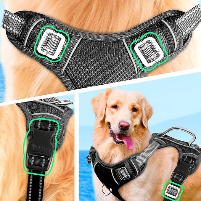 BARKBAY No Pull Dog Harness Large Reflective Dog Harness with Front Clip and Easy Control Handle for Walking Training Running with ID tag Pocket(Black,M) - PAWPICO