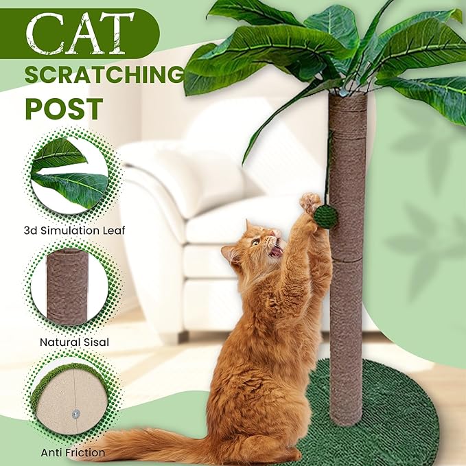 MAMONI Palm Tree Cat Scratching Post for Indoor Cats, 33" Tall Cat Scratching Post with Sisal Rope, Cute Premium Kitten Scratching Post with Hanging Ball - PAWPICO