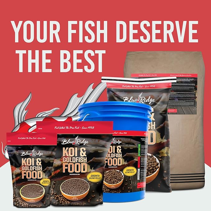 Blue Ridge Koi Fish Food 25lb - Koi Food 3/16” Large and Mini Blend Growth Formula, Goldfish Food, Premium Fish Food for Ponds, Ponds Fish Food, Floating Pond Pellets BlueRidgeFishHatchery
