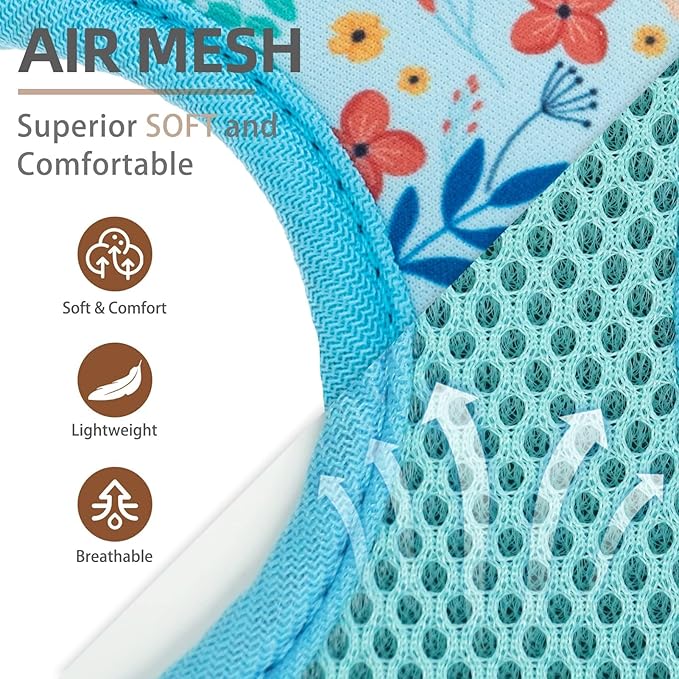 PUPTECK Soft Mesh Dog Harness and Leash Set Pet Puppy Cat Comfort Padded Vest No Pull Harnesses, Blue Floral, S PUPTECK