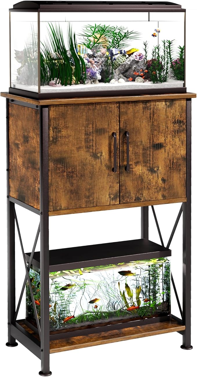 5-10 Gallon Fish Tank Stand, Metal Double Aquarium Stand with Cabinet for Fish Tank Accessories Storage, Heavy Duty 20.5" L* 11.02" W Tabletop, 500LBS Capacity Rustic Brown and Black PG06YGN Herture