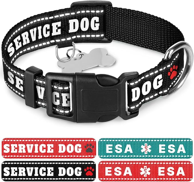 TECEUM Reflective Pet Collar – Black - Service Dog – XS – Basic Nylon Dog Collar – Quick Release Buckle – Fits Small, Medium and Large Dogs, Puppies, Cats – ESA & Service Dog Options TECEUM
