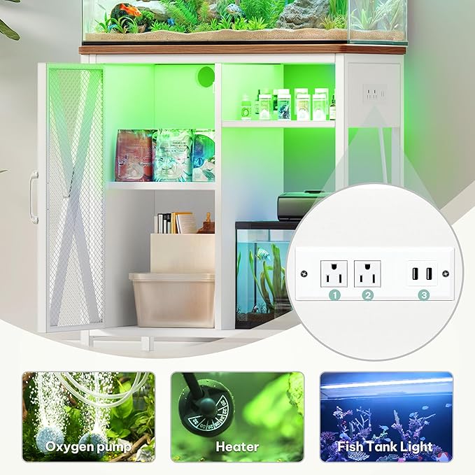 YITAHOME Fish Tank Stand with Power Outlets & LED Light, 20-29 Gallon Metal Aquarium Stand with Cabinet for Fish Tank Accessories Storage for Turtle Tank, Reptile Terrarium, 350LBS Capacity, White YITAHOME