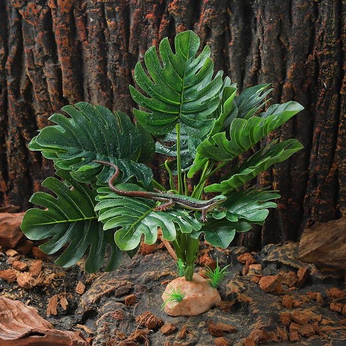 Terrarium Plants for Reptile Terrarium, Reptile Plants Tortoise Habitat Accessories, Artificial Spider Plant for Gecko, Ball Python, Tortoise Terrarium Décor - Monstera IBWell