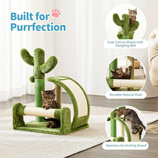Made4Pets Cat Scratching Post, Cactus Scratcher Tree for Indoor Small Cats, Adult Kitten Scratch Pad with Natural Sisal Ropes, Cute Kitty Nail File Vertical Scratcher with Green Carpet Cover - PAWPICO
