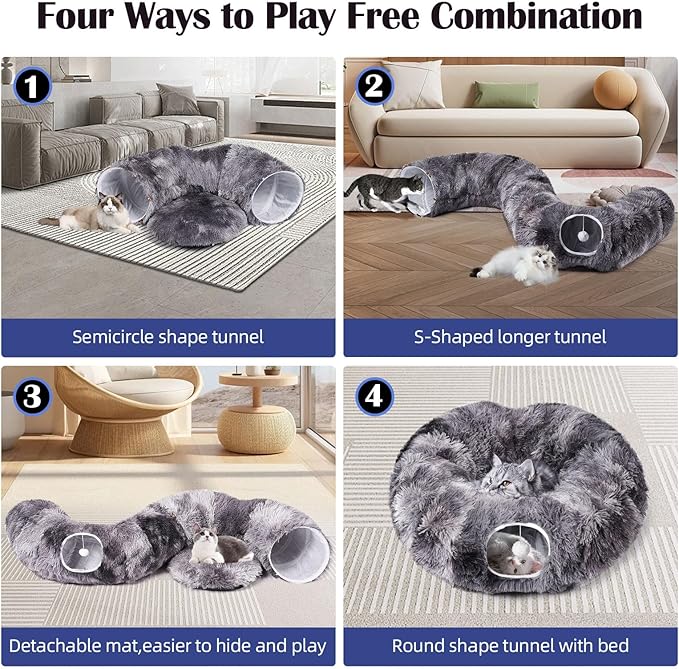 Odoland Cat Tunnels for Indoor Cats with Fluffy Plush Central Cat Couch and 20 Cat Toys, Tunnel Bed for Cats with Hanging Ball, Detachable Soft Mat and Variety Kitty Toy Set, Grey - PAWPICO