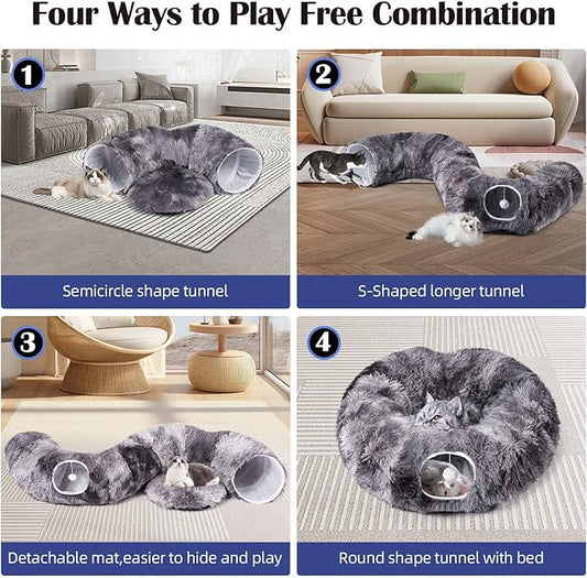 Odoland Cat Tunnels for Indoor Cats with Fluffy Plush Central Cat Couch and 20 Cat Toys, Tunnel Bed for Cats with Hanging Ball, Detachable Soft Mat and Variety Kitty Toy Set, Grey - PAWPICO