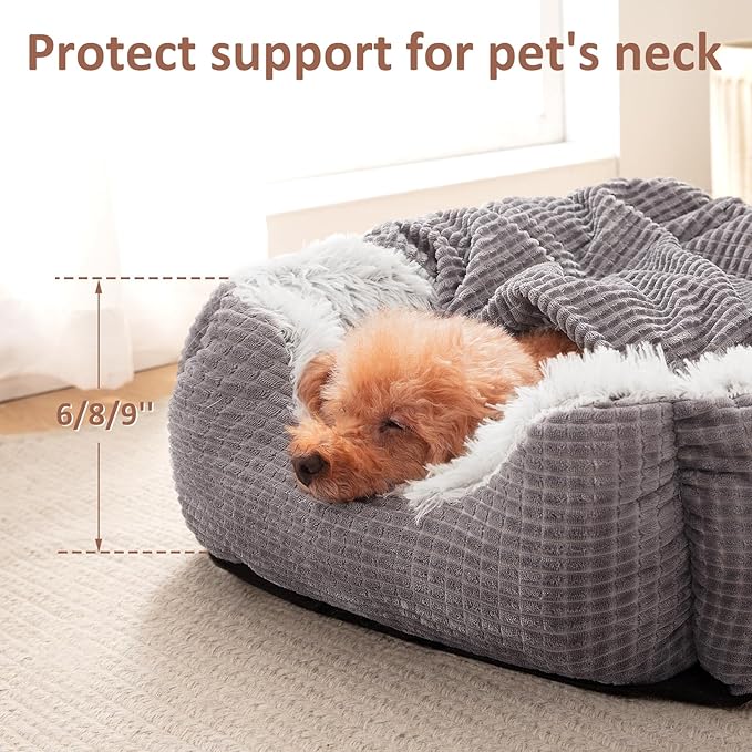 MIXJOY Dog Beds for Large Medium Small Dogs, Rectangle Cave Hooded Blanket Puppy Bed, Luxury Orthopedic Cat Beds for Indoor Cats, Warmth and Machine Washable (35 inches, Grey) - PAWPICO