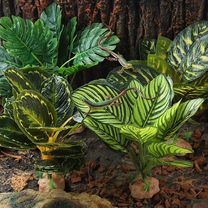 Terrarium Plants for Reptile Terrarium, Reptile Plants Tortoise Habitat Accessories, Artificial Spider Plant for Gecko, Ball Python, Tortoise Terrarium Décor - Peacock Prayer IBWell