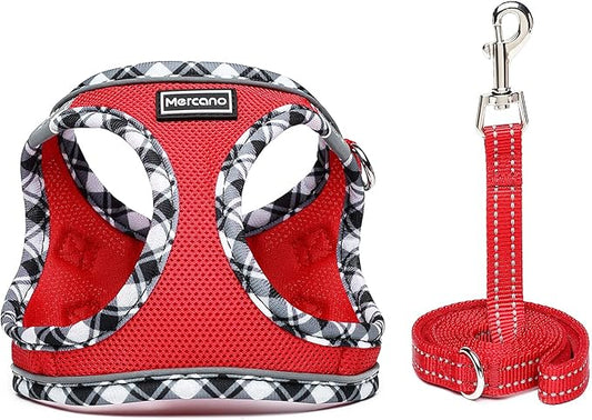 Mercano Soft Mesh Dog Harness and Leash Set, No-Chock Step-in Reflective Breathable Lightweight Easy Walk Escape Proof Vest Harnesses with Safety Buckle for Small Medium Dogs, Cats (Red, L) PAWPICO