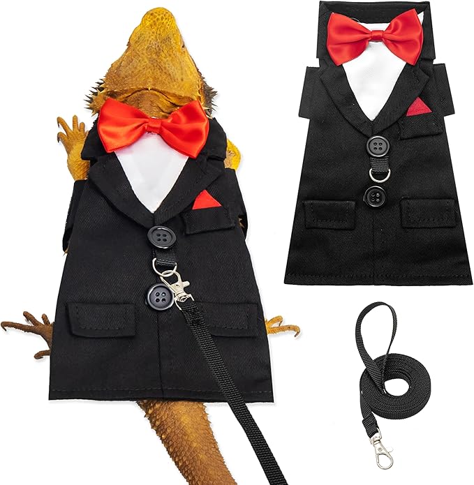 CUSOZWO Bearded Dragon Costume Harness and Leash Set - Cute Tuxedo Wedding Lizard Reptile Costume Outfit with Short Leash Small Animal Clothes for Birthday, Wedding, Holiday, Walking Outdoor CUSOZWO