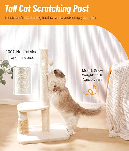 Happi N Pets 34“ Tall Cat Scratching Post for Big Cats, Natural Sisal Cat Scratchers for Indoor Cats, Heavy Duty Cat Stands Featuring with Cat Self Groomer and Hanging Toys, Free Catnip-Beige - PAWPICO