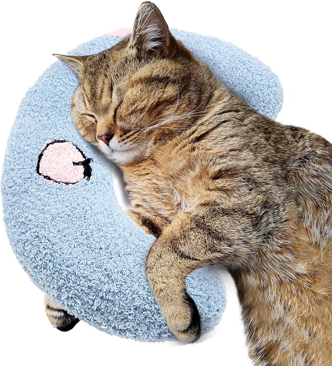 ucho Cat Pillow Pets, Soft Fluffy Cat Neck Pillow for Cat Bed, U-Shaped Pillow for Pet, Pet Calming Toy Half Donut Cuddler for Joint Relief Sleeping Improve Machine Washable- Blue ucho