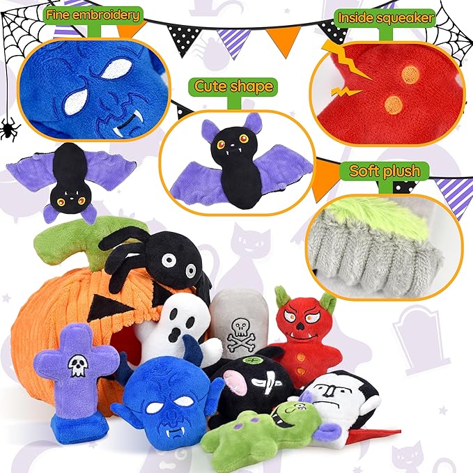 Halloween Dog Toys Set, 11 Pack Squeaky Dog Toys for Aggressive Chewers, Pumpkin Dog Toy Bundle, Assorted Dog Toys to Keep Them Busy, Dog Toys Gift for Large Medium Small Dogs - PAWPICO