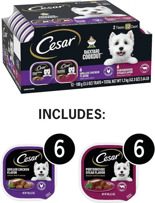 CESAR BACKYARD COOKOUT Adult Wet Dog Food Classic Loaf in Sauce Variety Pack, Grilled Chicken and Porterhouse Steak Flavors, (12) 3.5 oz. Easy Peel Trays - PAWPICO