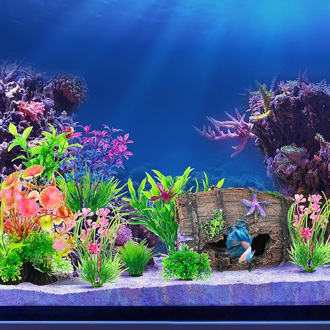 CousDUoBe Fish Broken Barrel Decor Fish Tank Decorations Betta Fish Tank Accessories,Starfish Barrel x 1pc, Fish Tank Plants x 8pcs CousDUoBeAquariumfishtankdecoration