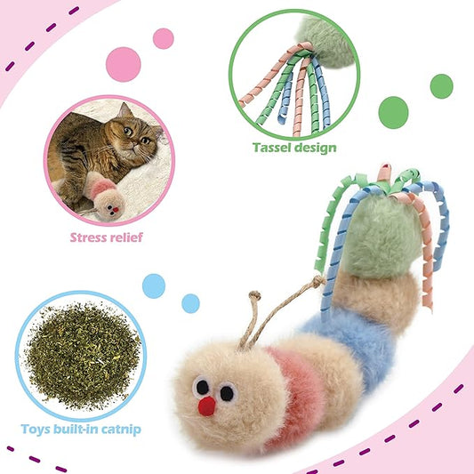 Interactive Natural Catnip Kicker, with Rattle and Ribbon, Bite Resistant, for All Ages Indoor Cat, Soft Caterpillar Kicker, Fluffy Kitten Toy - PAWPICO