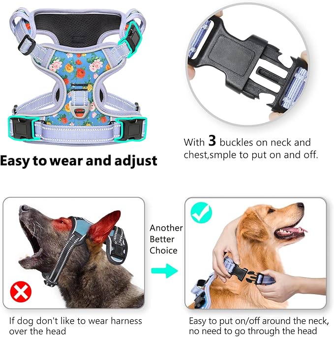 Timos No Pull Dog Harness, Release at Neck Reflective 3 Snap Buckles Adjustable No Choke Pet Vest with Front & Back 2 Leash Clips, Soft Padded Control Training Handle for Small Medium Large Dogs Timos