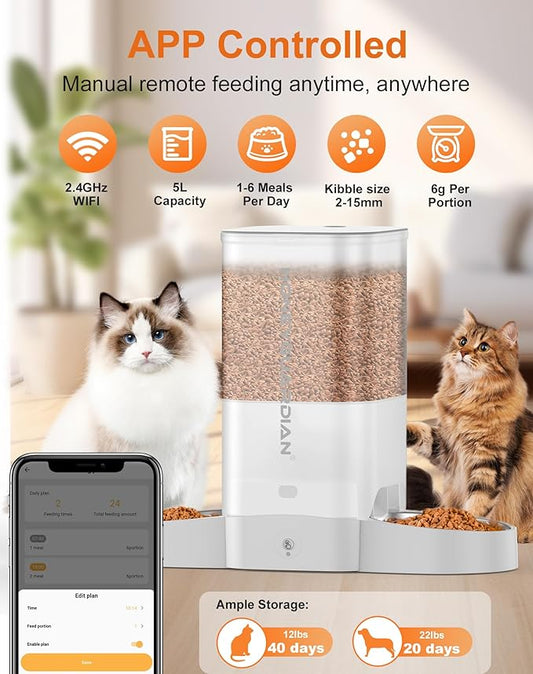 HoneyGuaridan 5L Automatic Cat Feeder for Two Cats, 2.4G WiFi Enabled Smart Feed Pet Feeder with Stainless Steel Bowl,APP Control Dispenser, Dual Power Supply,Desiccant Bag,10s Meal Call White - PAWPICO