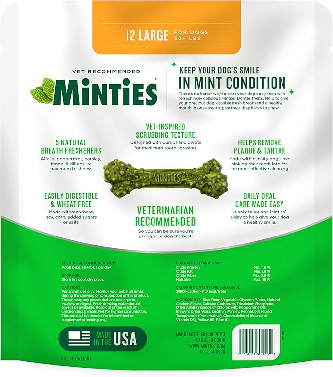 Minties Dental Chews for Dogs, 12 Count, Vet-Recommended Mint-Flavored Dental Treats for Large Dogs Over 50 lbs, Dental Bones Clean Teeth, Fight Bad Breath, and Removes Plaque and Tartar Minties