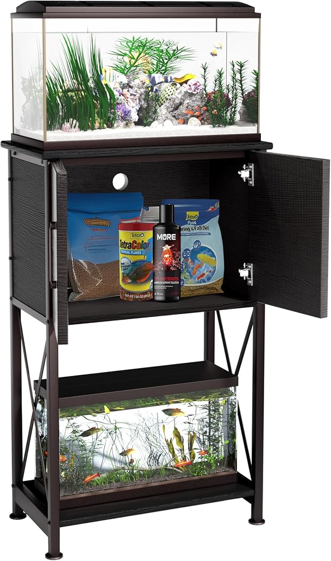 5-10 Gallon Fish Tank Stand, Metal Double Aquarium Stand with Cabinet for Fish Tank Accessories Storage, Heavy Duty 20.5" L* 11.02" W Tabletop, 500LBS Capacity Black PG06YGB Herture