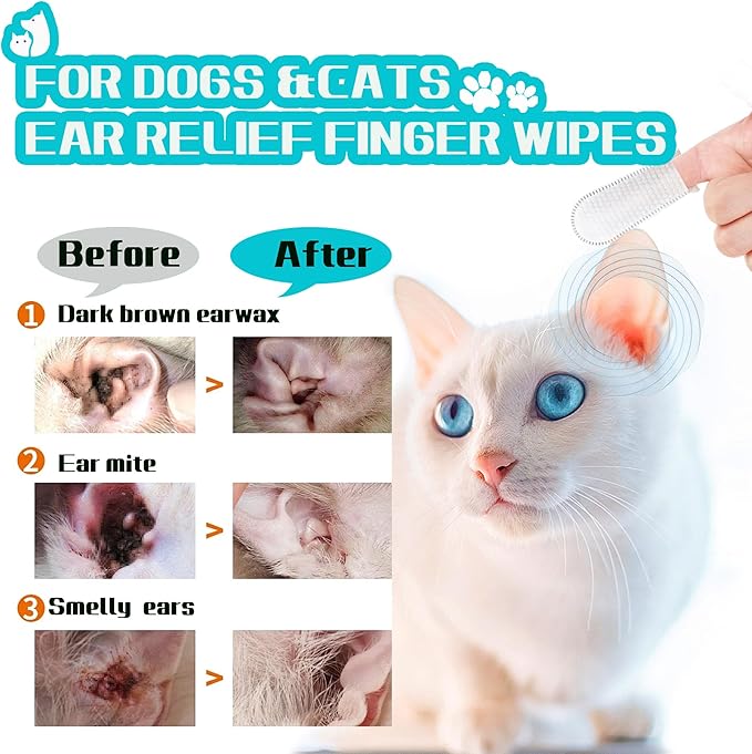 Dog Ear Finger Wipes for Dogs & Cats-Gently Remove Ear Wax,Ear Soothing and Cleaning,Natural ingredients-55 Count QWloog+Magzipo