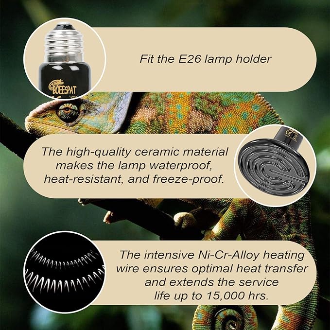 Pack of 3 Black Ceramic Heat Emitters, 100W Reptile Heat Bulbs for Lizards, Snake, Bearded Dragon, Reptiles & Amphibians, No Light & No Disturbing BOEESPATDirect