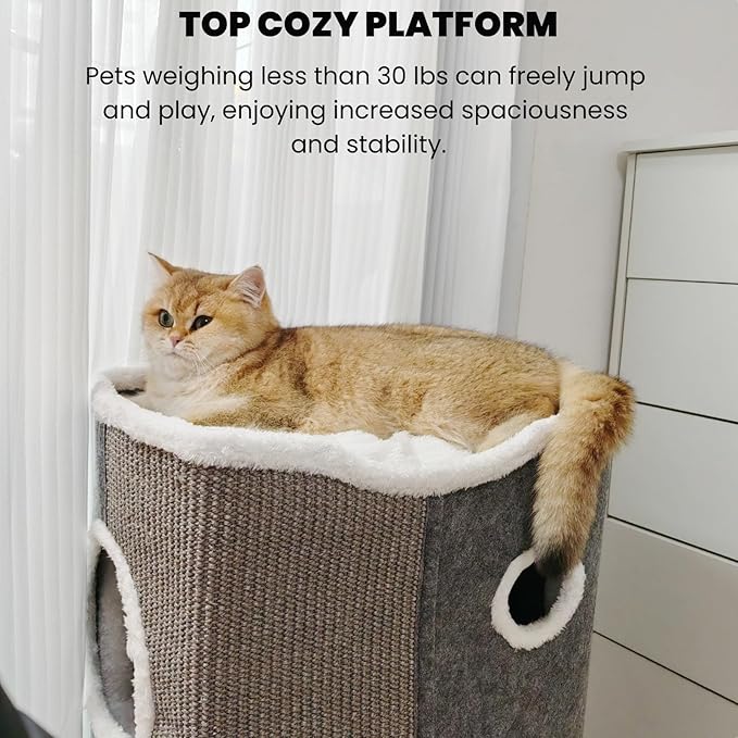 3-Level Cat House for Indoor Cats, Large Adult Cat Cave Bed Cats Cube House with Scratch Pad Cat Towers, Cute Kitten Condo Hideaway Hut with Soft Pillow Mat for Multi Pets Under 50 lbs - PAWPICO