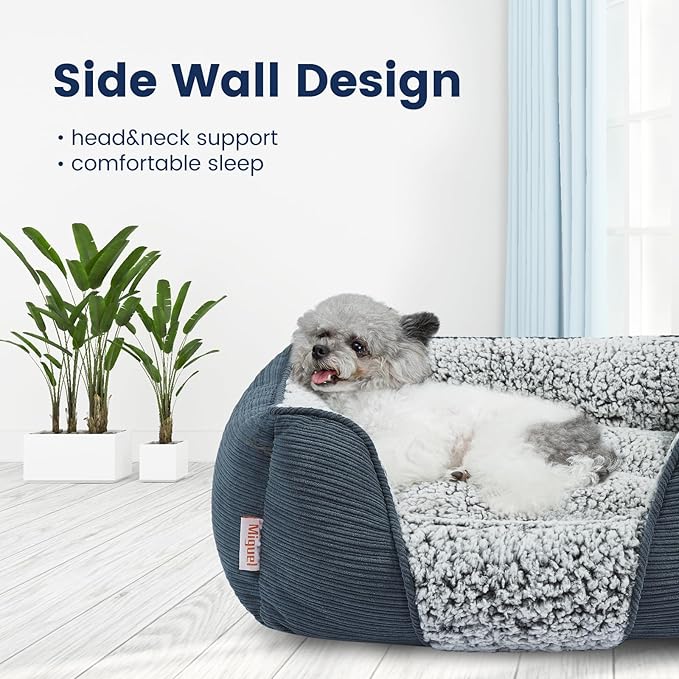 Miguel Washable Dog Bed with Removable Cushion for Medium Small Dogs, Easy to Wash Pet Sofa Bed with Side, Rectangle Bolster Cat Bed Calming Cuddle Puppy Bed with Anti-Slip Bottom, Blue 30 Inch - PAWPICO