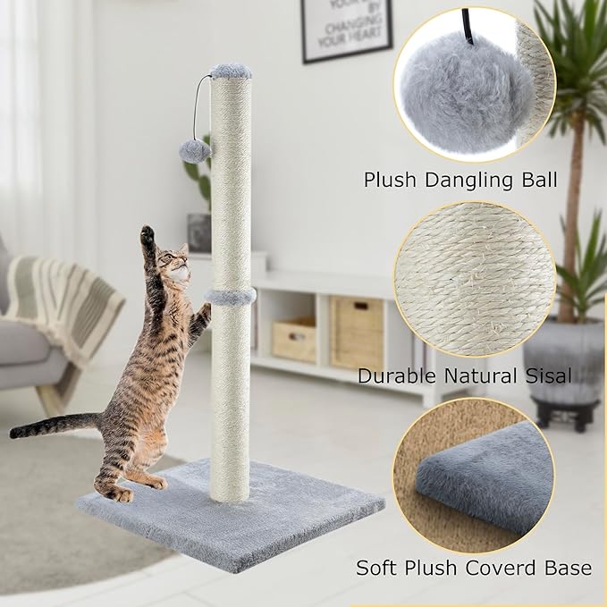 Dimaka 34" Tall Cat Scratching Post for Large Cats and Kittens, High Vertical Scratcher with Premium Natural Sisal Rope and Interactive Hanging Ball for Indoor Cats(Grey, 34 inches) - PAWPICO