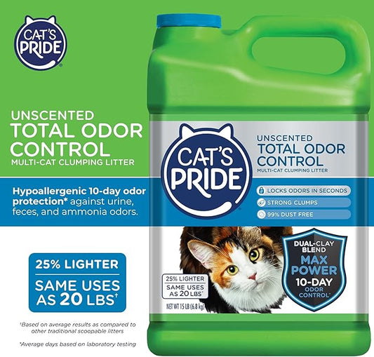 Cat's Pride Max Power: Total Odor Control - Up to 10 Days of Powerful Odor Control - Strong Clumping - Hypoallergenic - 99% Dust Free - Multi-Cat Litter, Unscented, 15 Pounds - PAWPICO
