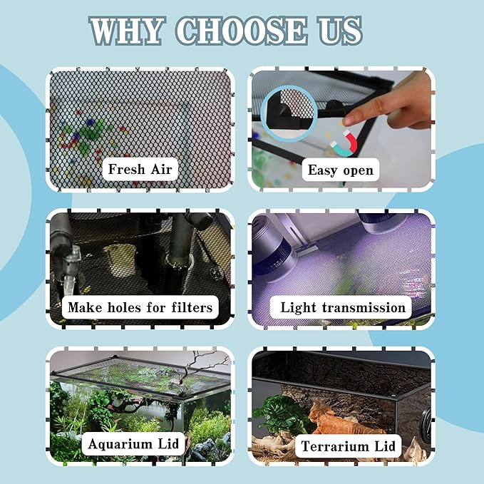DIY Fish Tank Lid Aquarium Cover with Fresh Air Netting to Prevent Fish from Jumping Out of The Tank and Reptile Pet from Escaping, Adjustable Size Fit Tank Size Max 37''X18'' MLEJU
