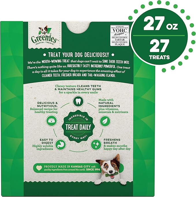 Greenies Original Regular Natural Dog Dental Care Chews Oral Health Dog Treats, 27 oz. Pack (27 Treats) - PAWPICO