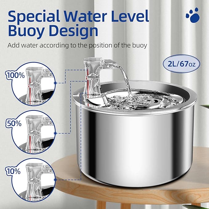 Cat Water Fountain, Stainless Steel Inside Ultra-Quiet Pump, 2L/67oz Automatic Dog Dispenser Water Bowl, Multiple Pets Water Fountain - PAWPICO