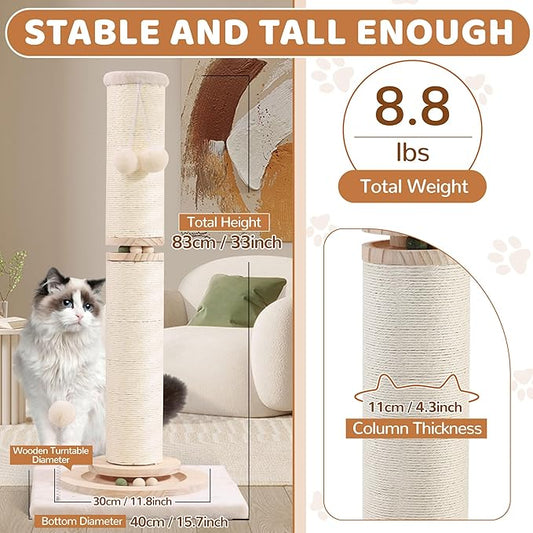 OTOB 33" Tall Cat Scratching Post, 4.3Inch Large Diameter Natural Sisal Rope Scratcher Post, 5-in-1 Interactive Turntable Cat Scratch Post with Soft Hanging Ball Toys for Indoor Large Cats - PAWPICO